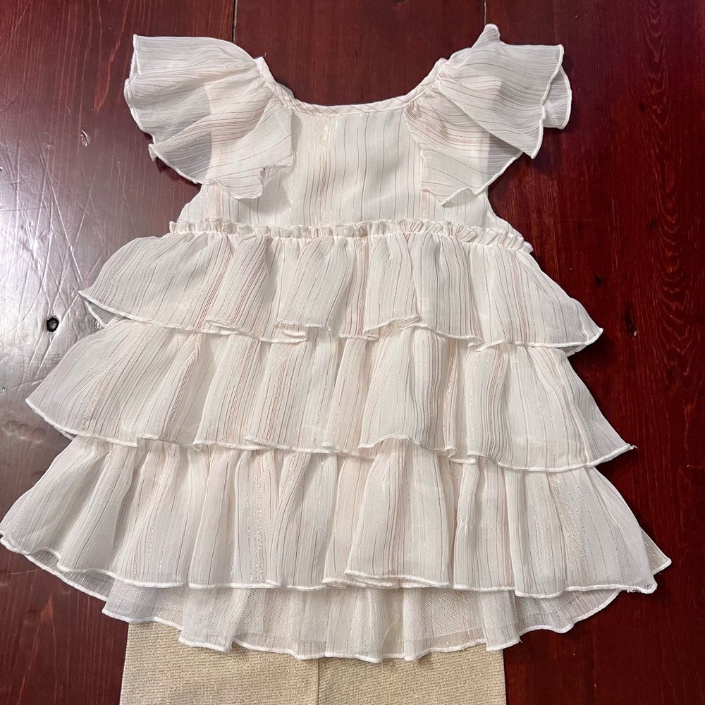 First impression white and gold sleeveless ruffled top with gold pants 24 months - Picture 2 of 9